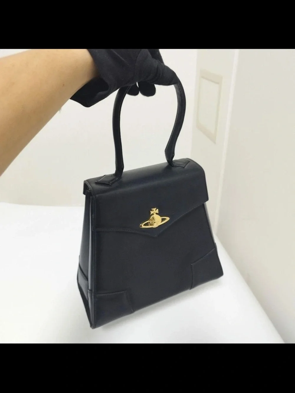 Vivienne Westwood Black Leather Top-Handle Satchel with Gold Orb